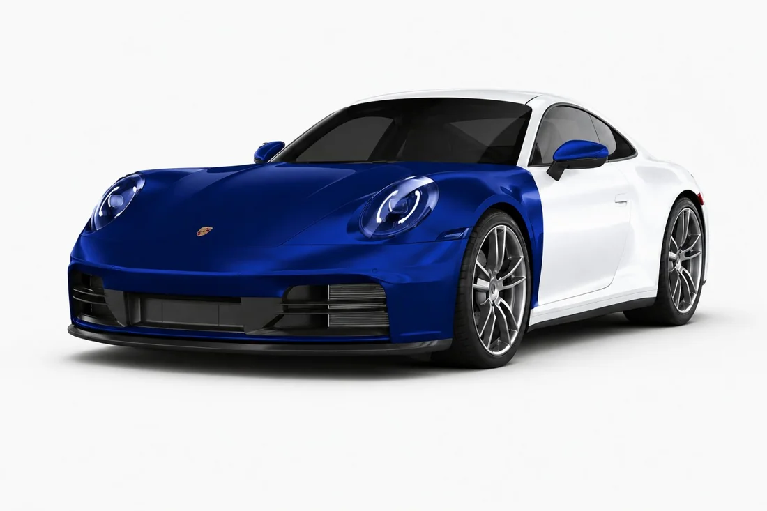 Full Front coverage diagram with a blue front bumper, full hood, full fenders and mirror caps