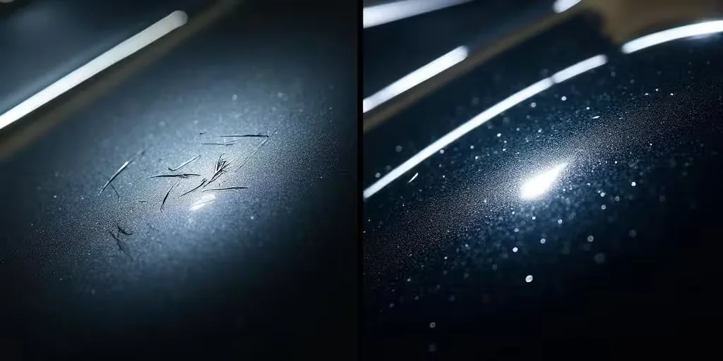 Side-by-side demonstration of light marks in film before and after self-healing