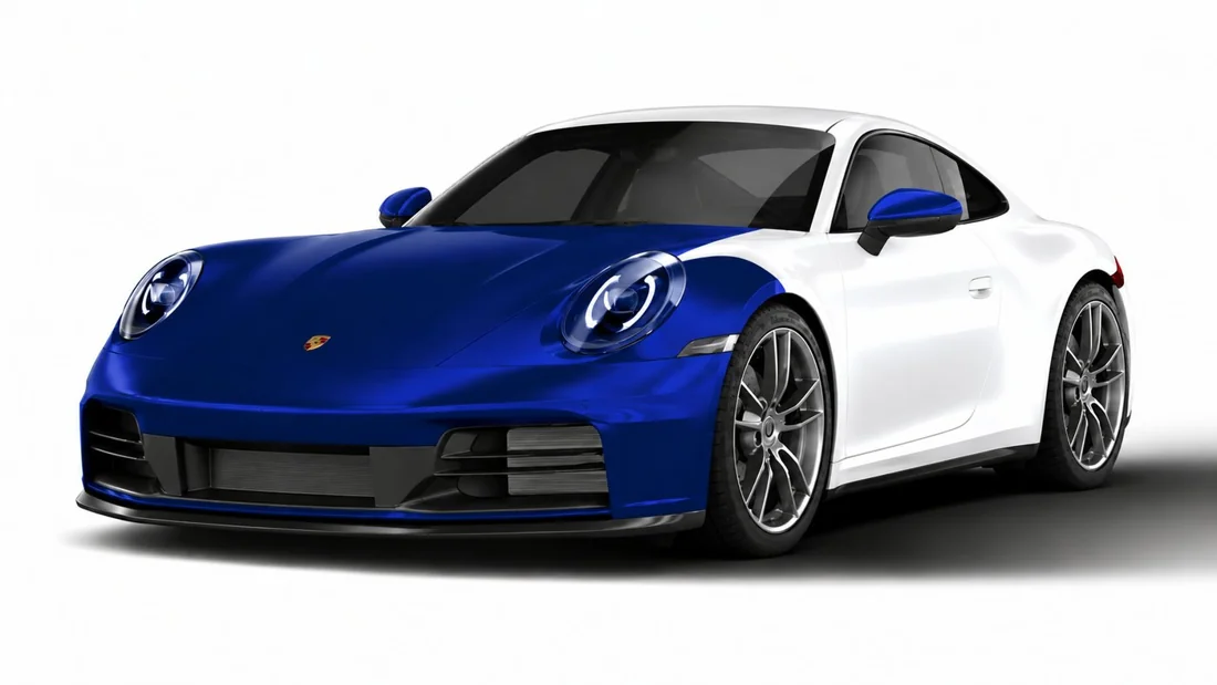 Partial + Front coverage diagram with a blue front bumper, full hood, partial fenders and mirror caps